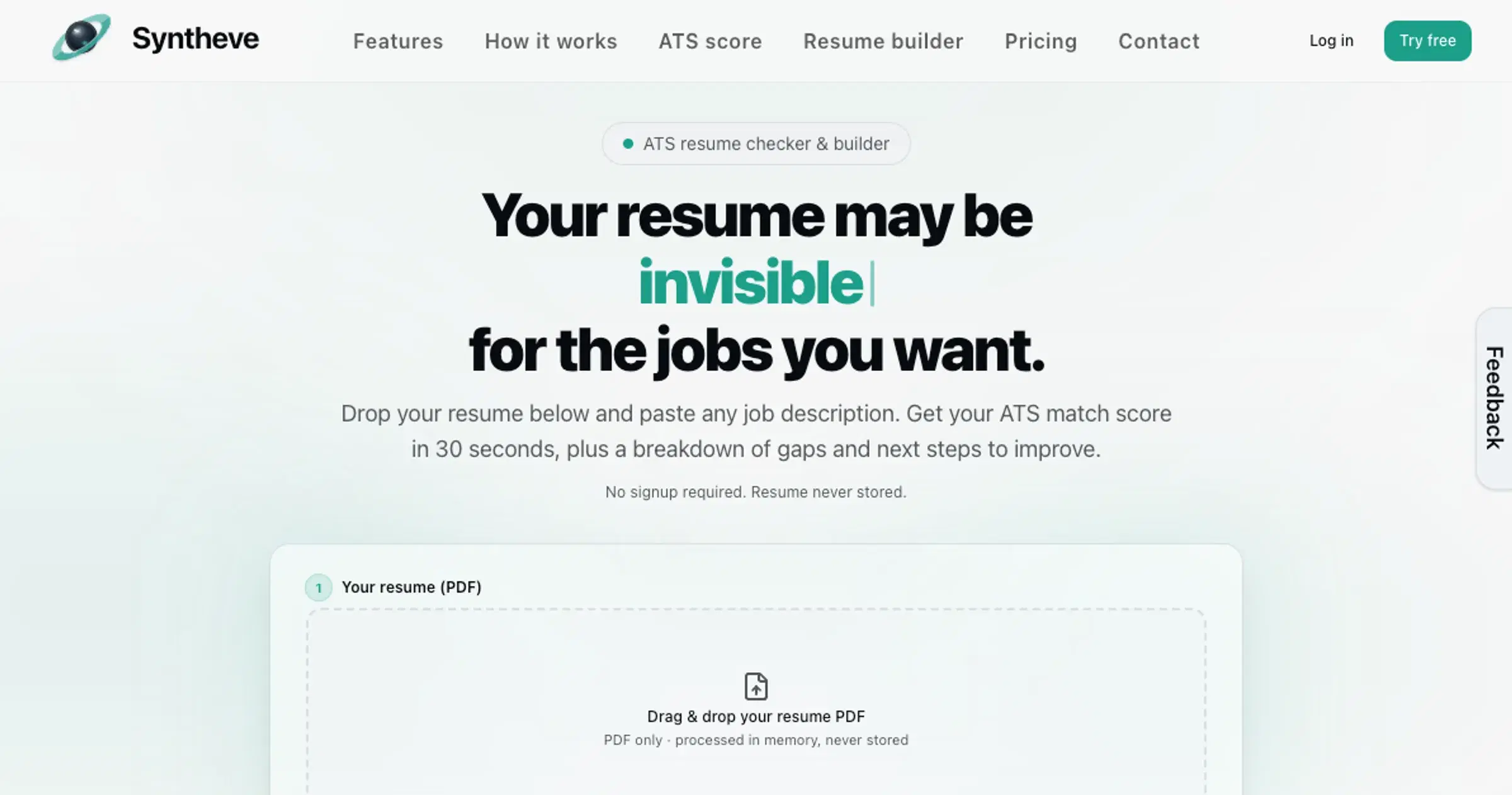 Syntheve · ATS resume checker case study screenshot