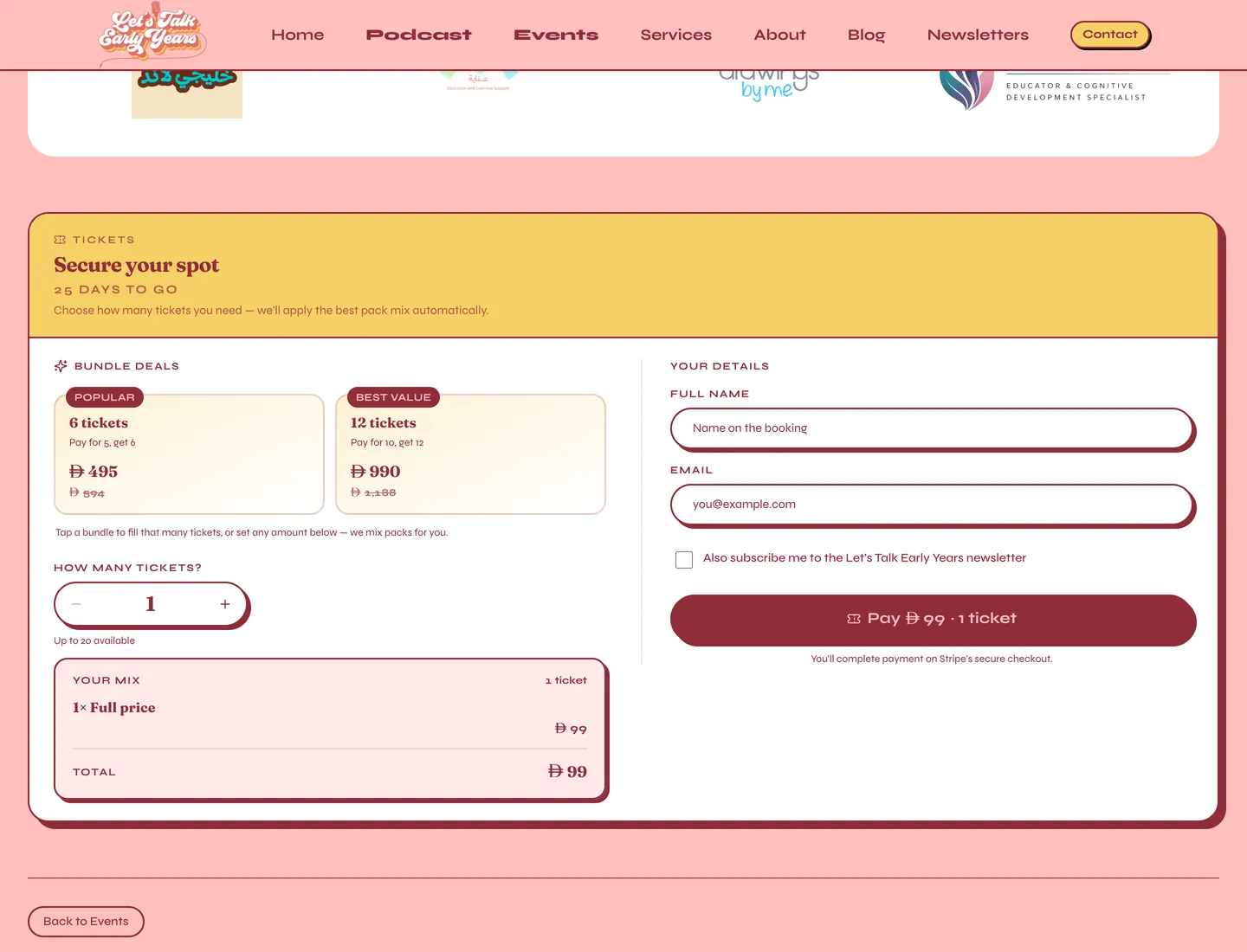 Event ticket purchase with pack pricing and Stripe checkout
