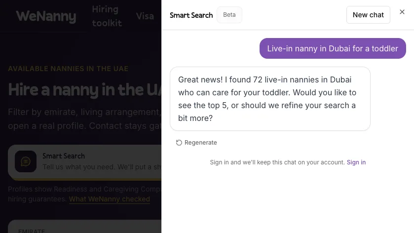 WeNanny Smart Search answering a request for a live-in nanny in Dubai for a toddler